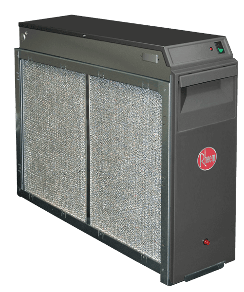 Gray air filtration unit with a Rheem logo and textured side panels.
